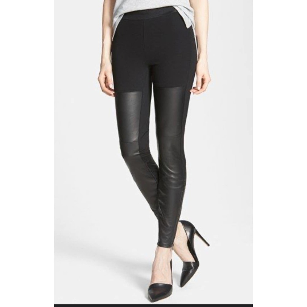 Paige Black Faux Leather Black Knit Pants Skinny 6